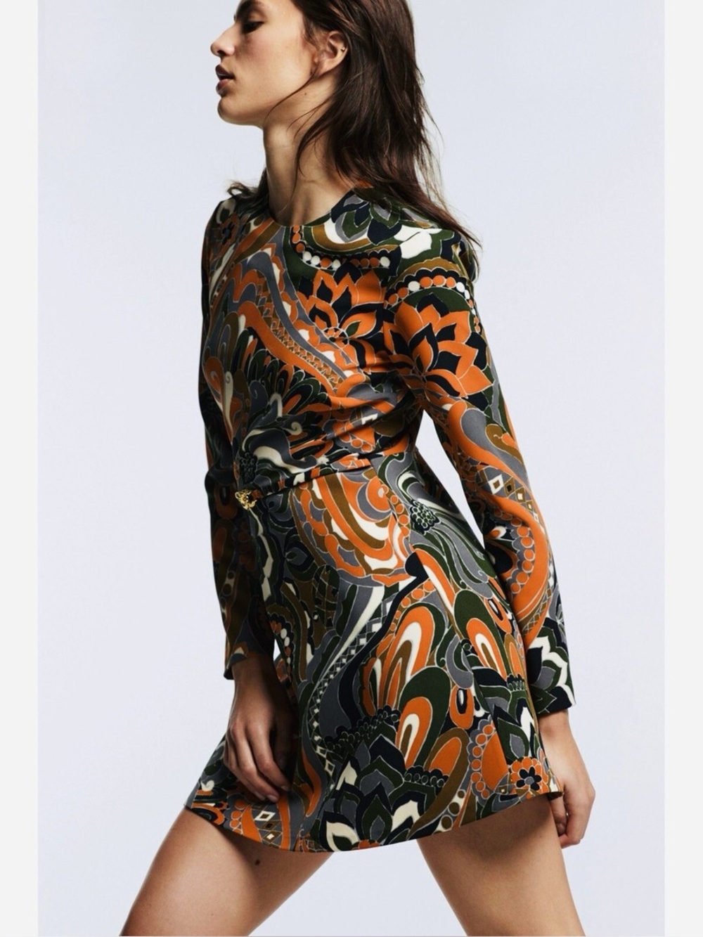 🍊 ZARA Bloggers Fav Retro Long Sleeved Mini Dress with Gold Belt Detail. Size XS - Picture 13 of 15